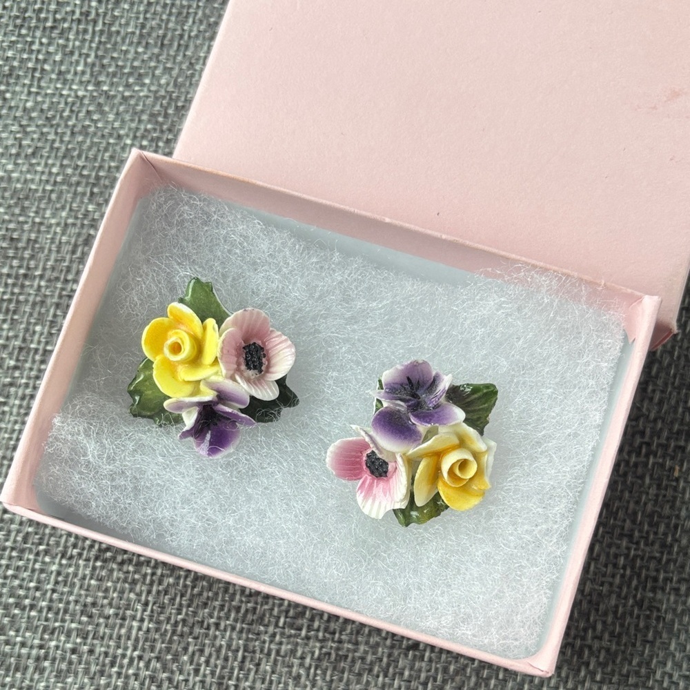 Vintage Bone China Floral Bouquet Clip On Earrings Pink Yellow Purple England
